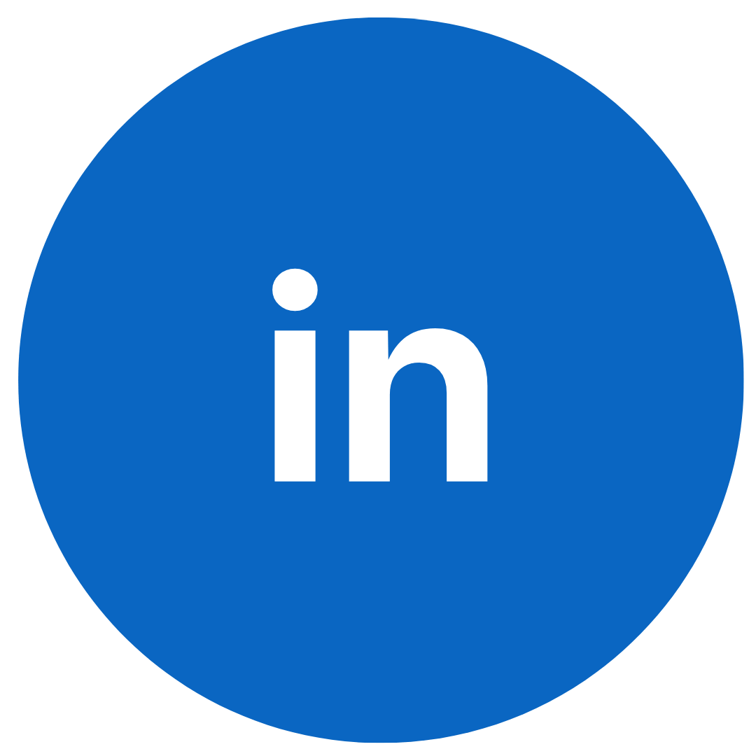 White LinkedIn logo on a blue circular background