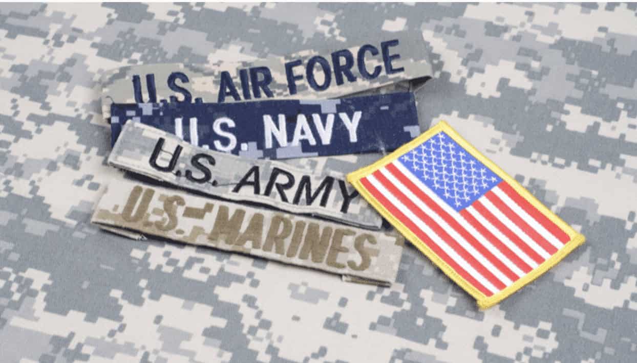 U.S. military patches including U.S. Air Force, Navy, Army, and Marines on digital camouflage fabric.