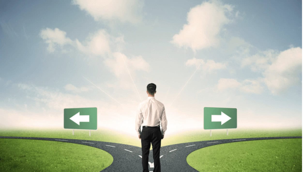 Ambiguous choices crossroads career decision maze direction opportunity and success concept for career planning and professional growth.