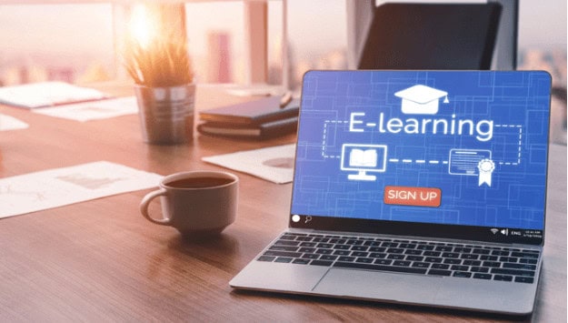 E-learning online education platform on laptop screen, studying technology skills, digital learning, computer training, career advancement, and certification.