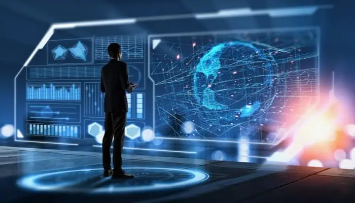 Futuristic technology hub with a person analyzing global digital data and network charts, emphasizing IT training, computer careers, and tech education from MyComputerCareer.