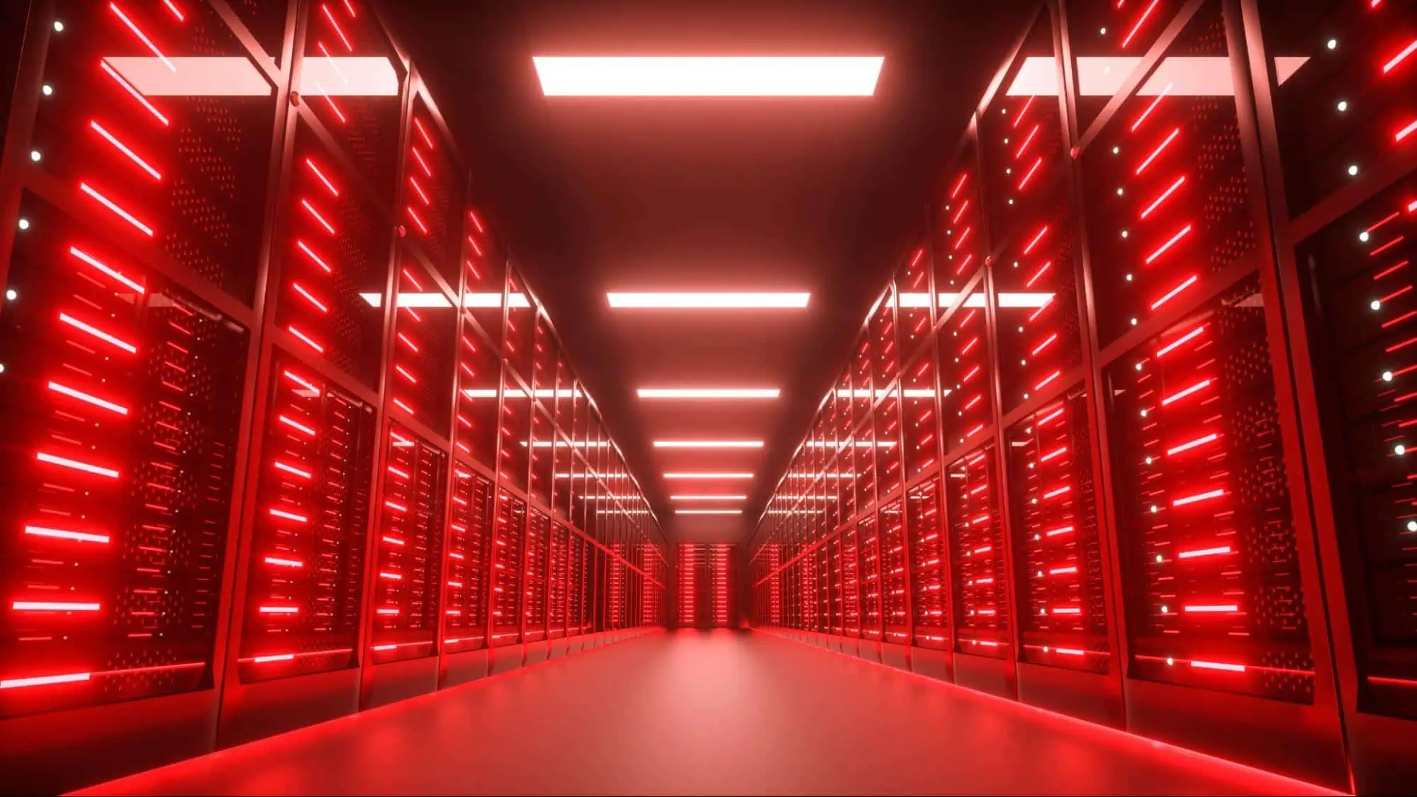 Red LED-lit data center server room with rows of high-performance servers for IT training and career advancement.