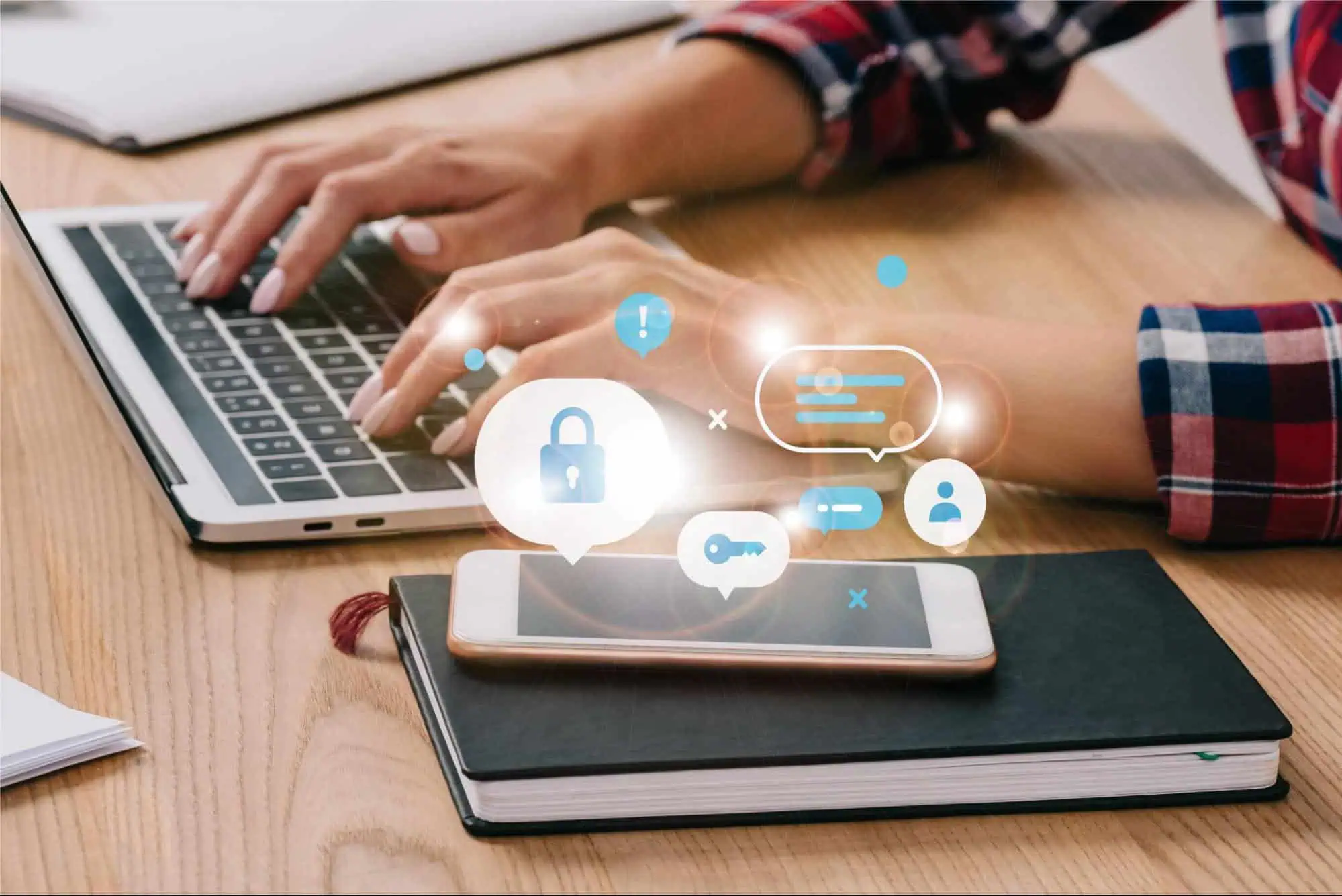 Secure cyber security concepts with a person using a laptop and smartphone, illustrating online safety, data protection, and technology training at MyComputerCareer for IT professionals.
