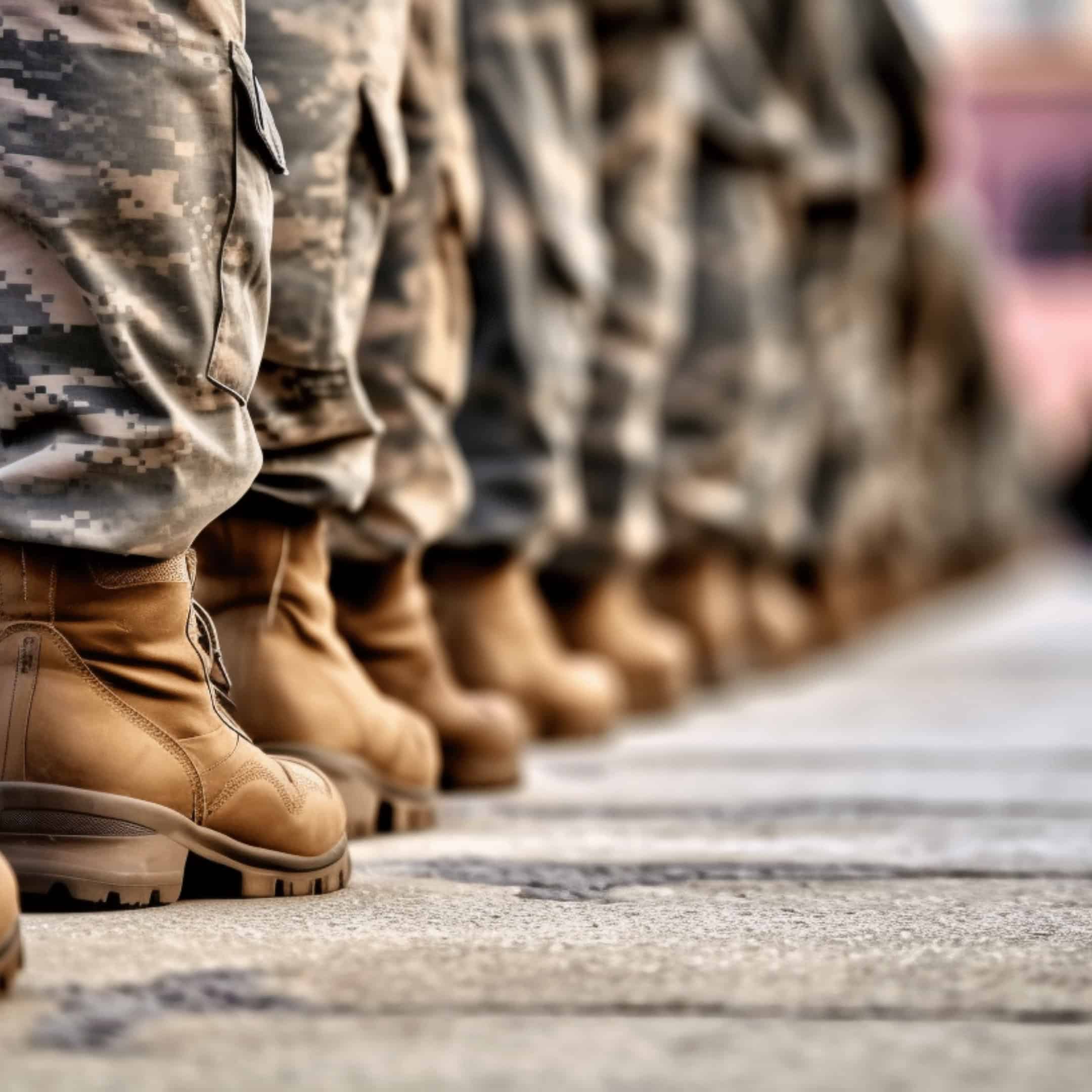 Combat-ready military boots lined up in a row, emphasizing discipline, training, and readiness. Ideal for training or uniform display images related to military, army, or tactical footwear.