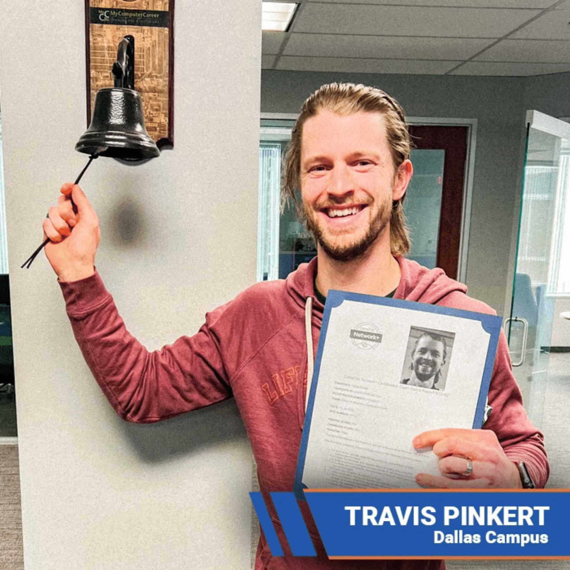 Bell ringing graduation celebration at MyComputerCareer Dallas Campus, showcasing successful IT program completion and career readiness.