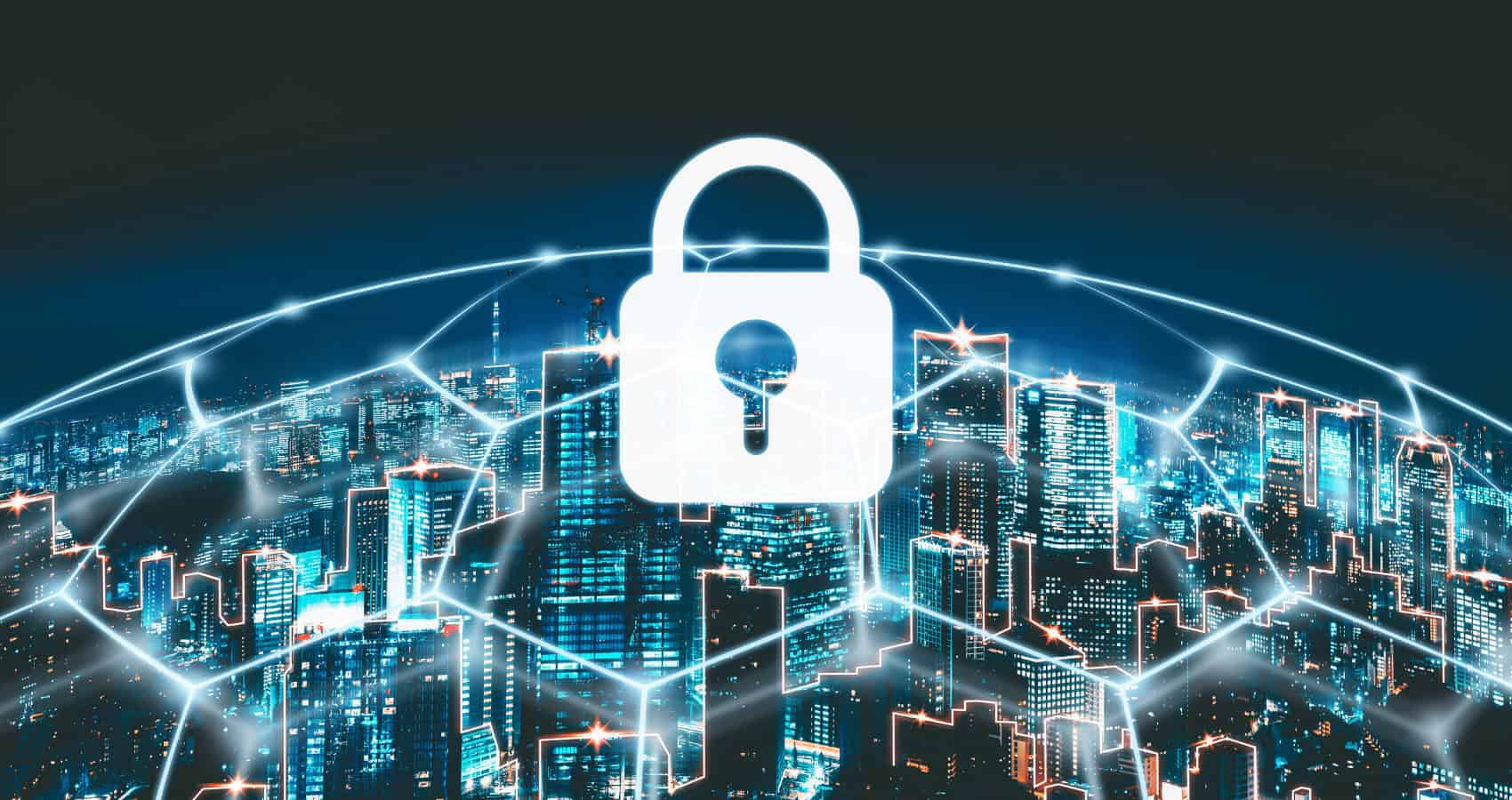 Secure online cybersecurity network protecting city skyline digital data connections at MyComputerCareer cybersecurity training programs and IT career development.