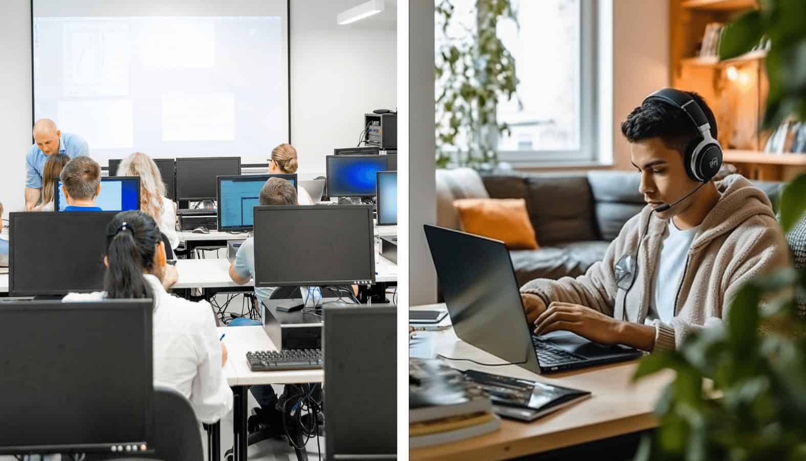 Professional computer training classroom with students learning, and a student working remotely with headset for IT and tech career training at MyComputerCareer.