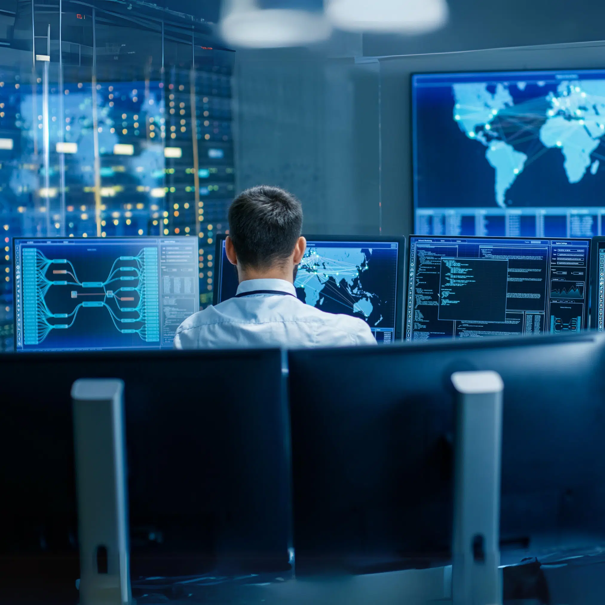 AI-powered cybersecurity analyst working at multiple monitors displaying global network data and digital maps at a modern tech office.