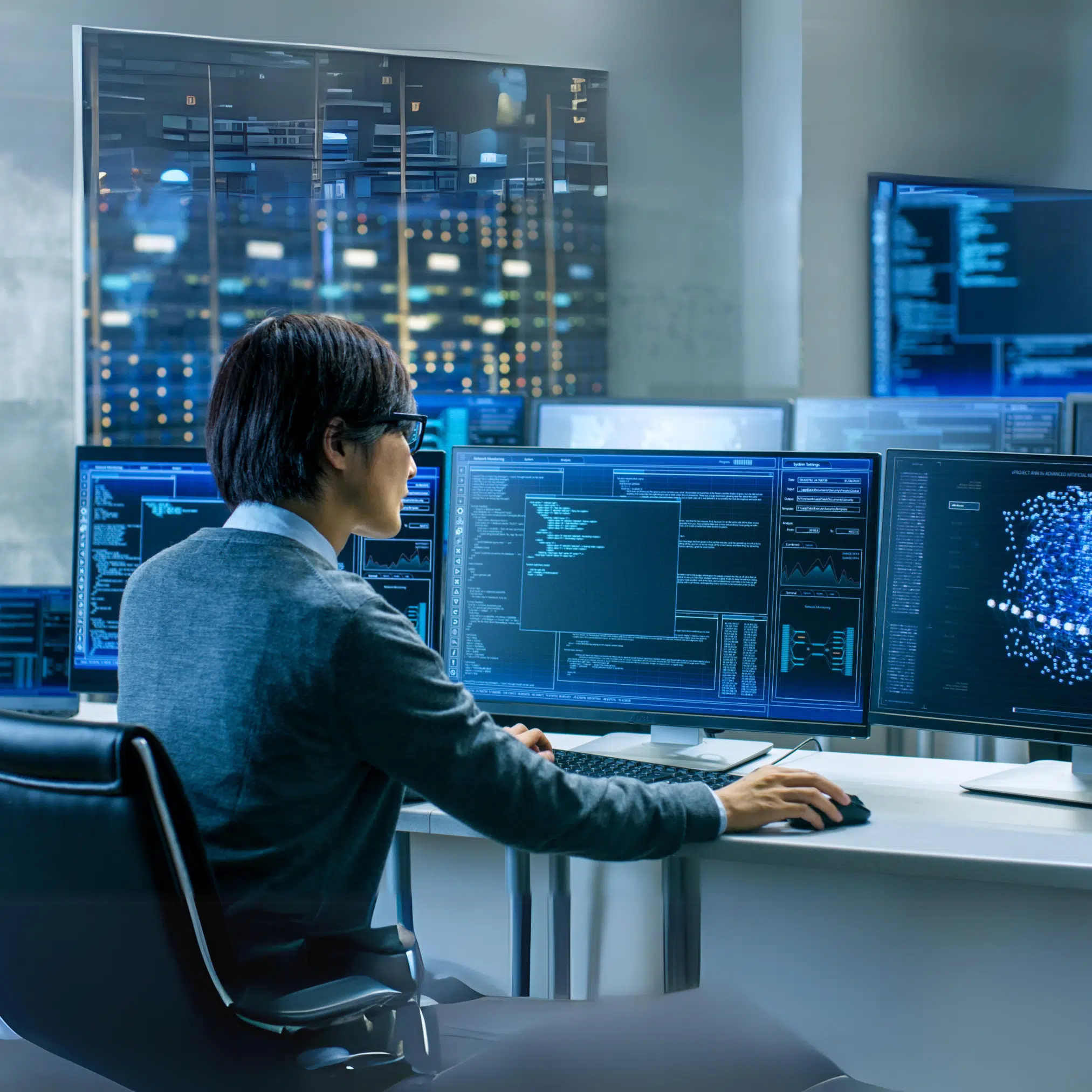 Secure data center technician working on multiple monitors with coding and cybersecurity analytics in a high-tech environment.