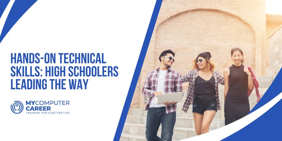 High schoolers with technical skills stand together after hands-on tech training course