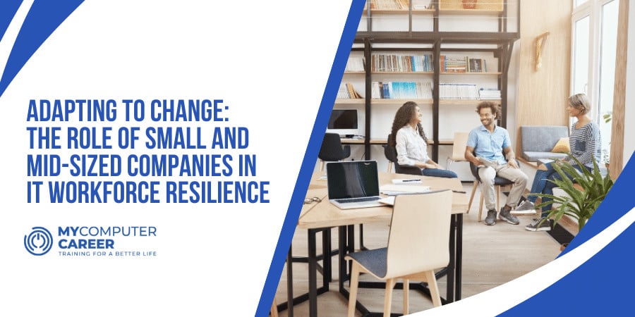 A team in a modern office demonstrating IT workforce resilience by adapting to new technologies at their workstations.