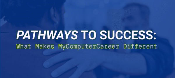 A blue banner titled "Pathways to Success" introducing the unique MyComputerCareer Pathways Program.