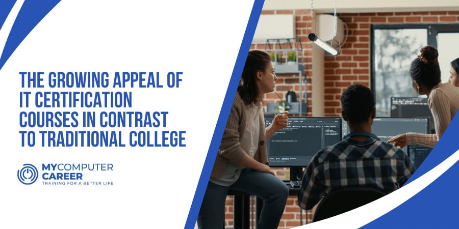 An instructor assisting a student during one of the IT certification courses, highlighting a hands-on alternative to traditional college.