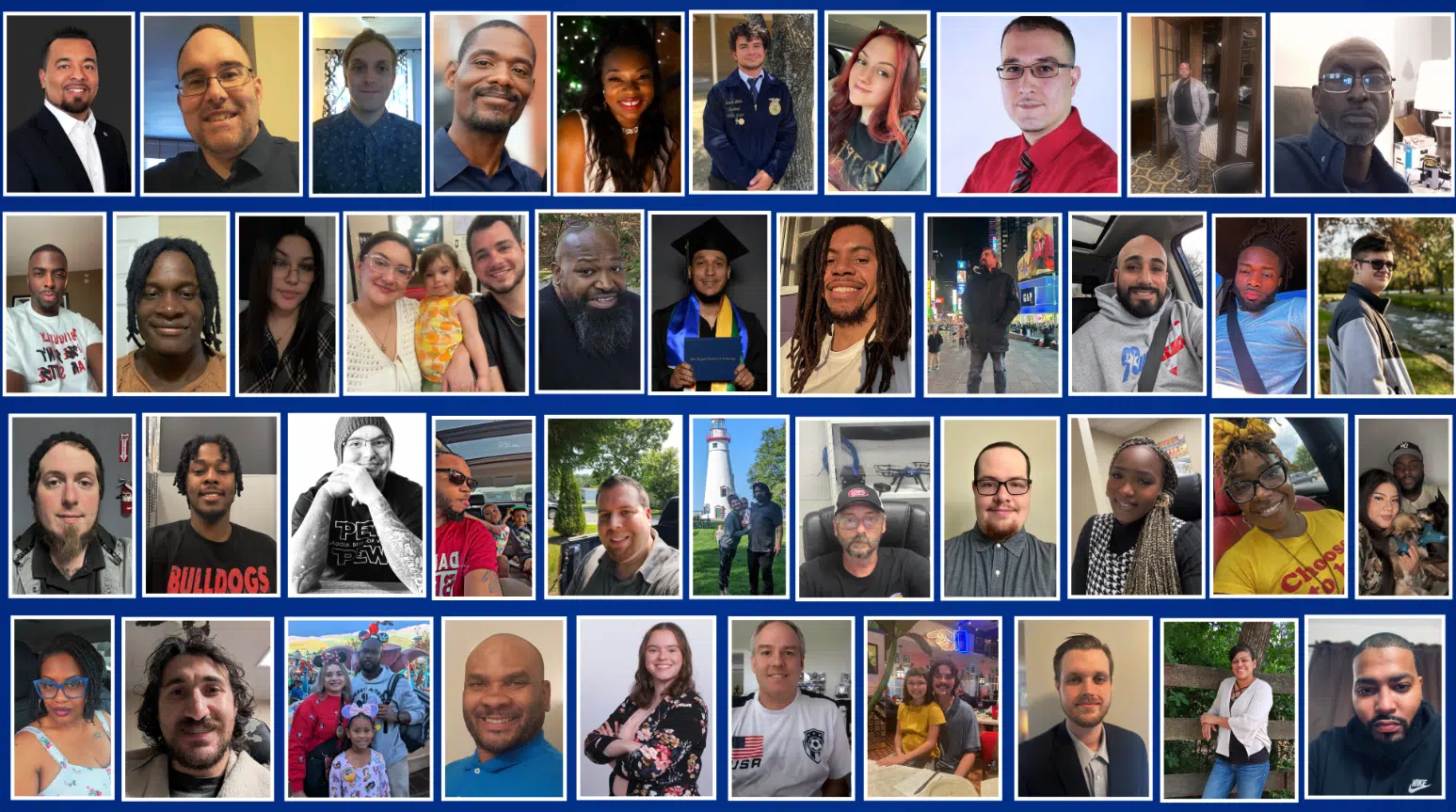 Collage of diverse people smiling in portraits.