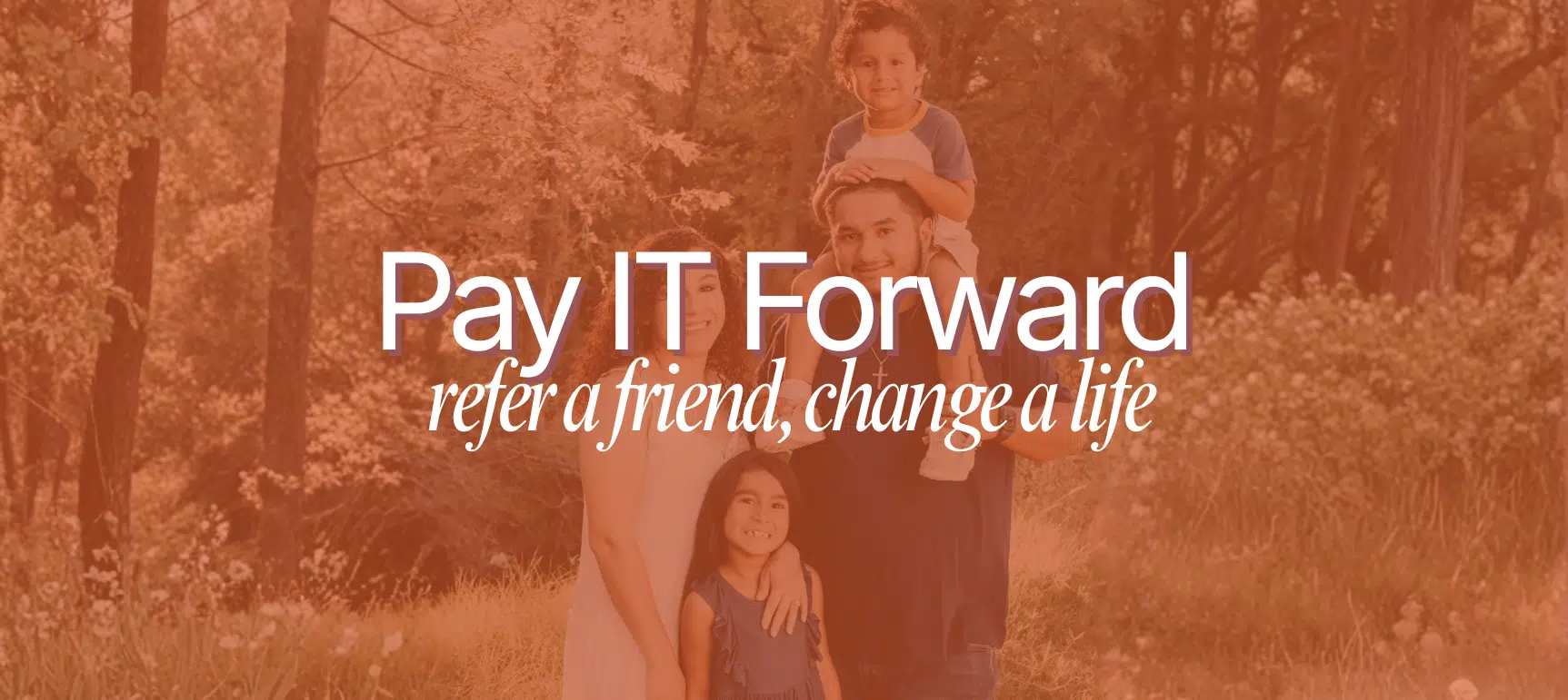 Family outdoors with Pay It Forward text
