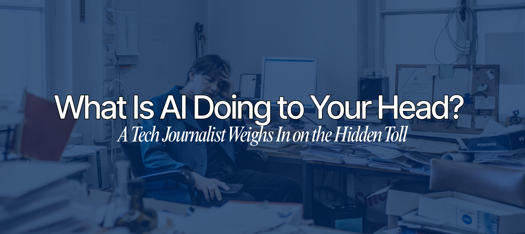 Stressed man in cluttered office with AI headline