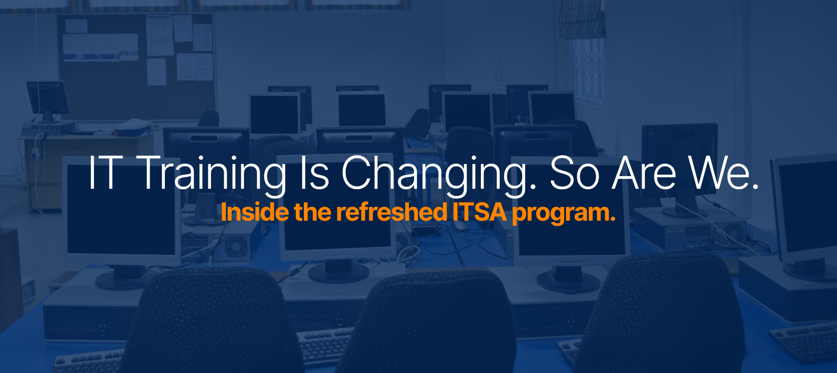 Computer lab with IT training program announcement text