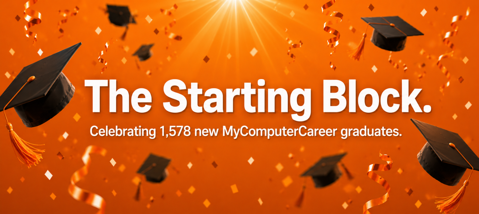 Graduation caps and confetti on orange background