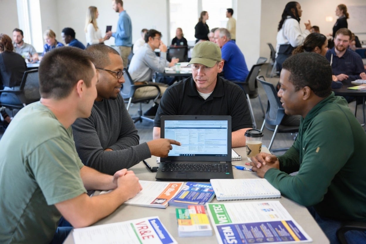 Men collaborating around laptop in training workshop