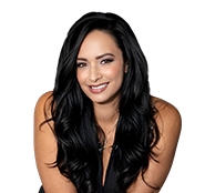 Smiling woman with long black hair on white background